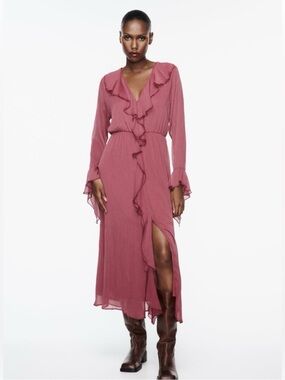 Zara Ruffled V-Neck Long Sleeve Midi Dress in Dusty Rose